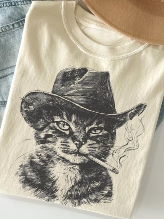 Tops - Funny Cat T-shirt, Cat Smoking T-Shirt, Retro Cowboy, Cat Lover Gift